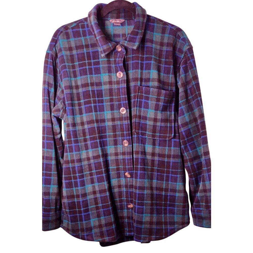 Eddie Bauer Women's Large Blue Green Plaid Flannel Shacket Oversized Shirt Cozy